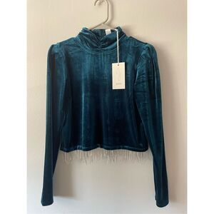 Joie Womens Small Valor Velvet Long Sleeve Green Blue Cropped High Neck Sparkle